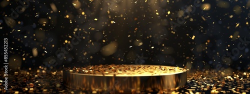 Luxurious Golden 3D Podium Stage with Glittering Confetti and Elegant Lighting for Award Ceremonies. Perfect for Highlighting Winners of Gold, Silver, and Bronze Medals in 2025. AI Generated © Da