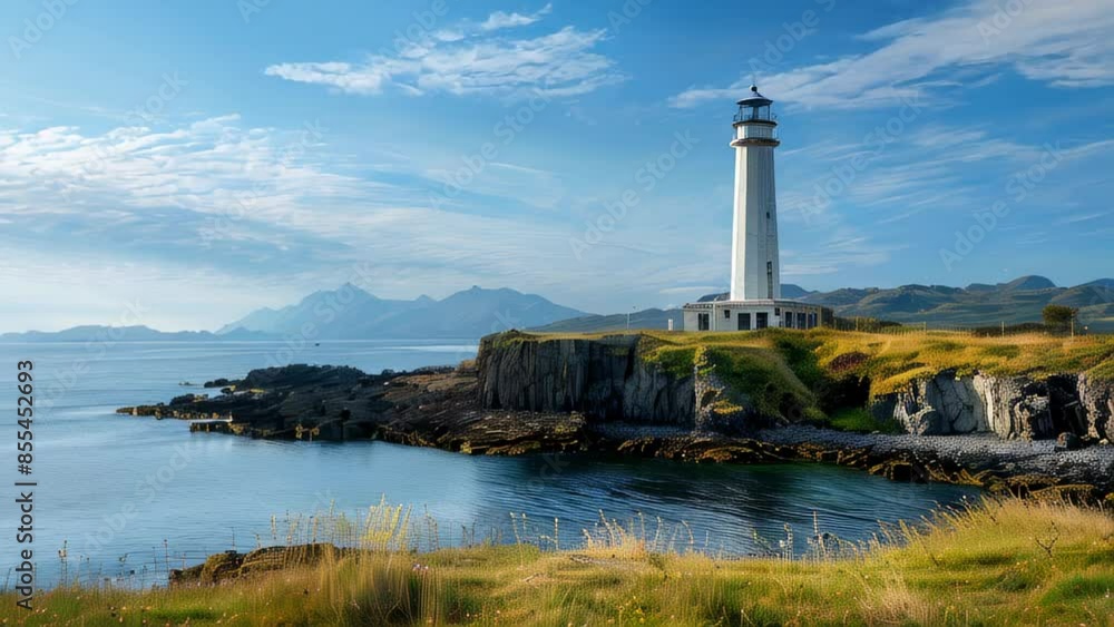 Coastal lighthouse on rugged cliffs with scenic mountain backdrop Coastal lighthouse on rugged cliffs with scenic mountain backdrop