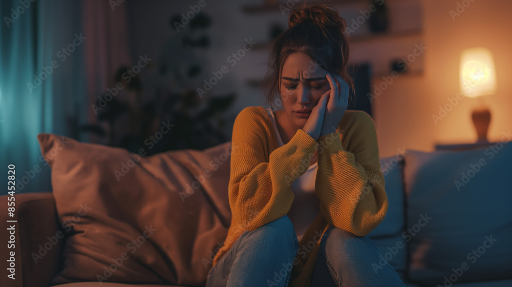 Obraz premium Woman experiencing a panic attack sitting alone on a couch