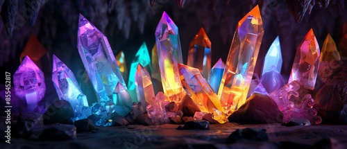 Colorful glowing crystals in the cave, in the hyper realistic, colorful, vibrant style.