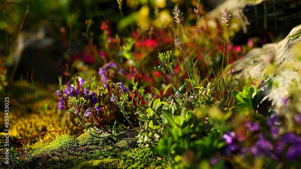 Obraz premium Diverse alpine garden, macro shot, late afternoon light, rich colors, detailed texture, natural