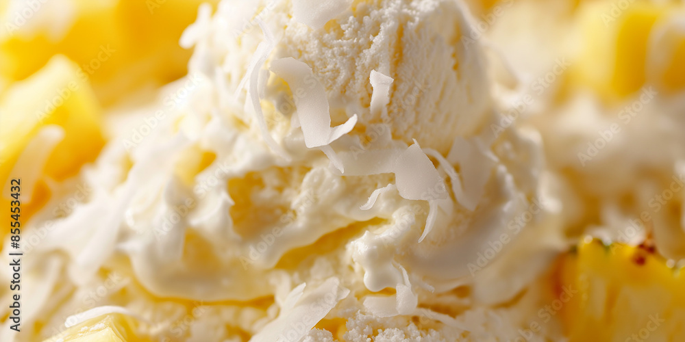 Chic pina colada gelato, a closeup of chic pina colada gelato, its creamy texture and tropical flavors of coconut and pineapple against a white background Chic pina colada gelato, a closeup of chic pina colada gelato, its creamy texture and tropical flavors of coconut and pineapple against a white background