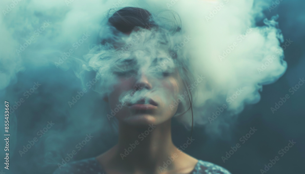 A young woman with her head in a misty cloud A young woman with her head in a misty cloud