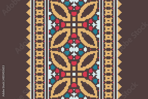 Traditional Floral pixel art seamless pattern. Vector Design for fabric, tile, embroidery, carpet, background, and wallpaper.