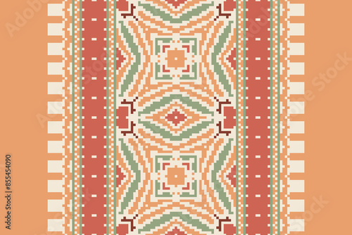 Traditional Floral pixel art seamless pattern. Vector Design for fabric, tile, embroidery, carpet, background, and wallpaper.