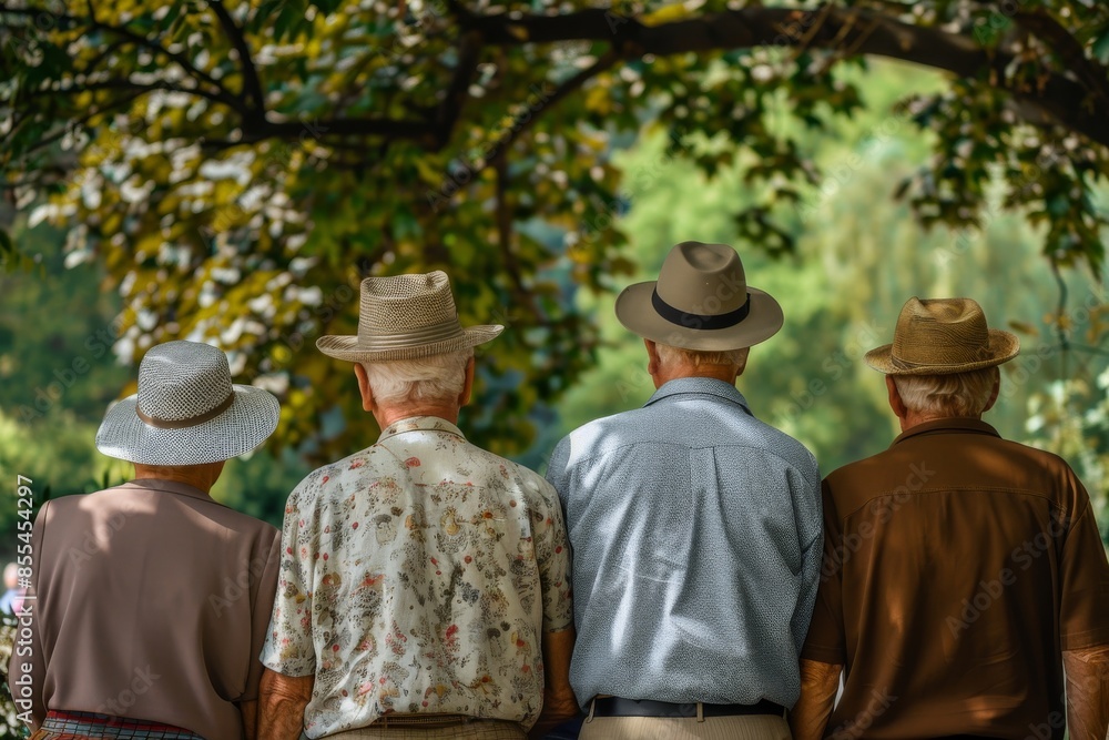 Group of seniors walking in the park. Retired people in the park. Group of seniors walking in the park. Retired people in the park.