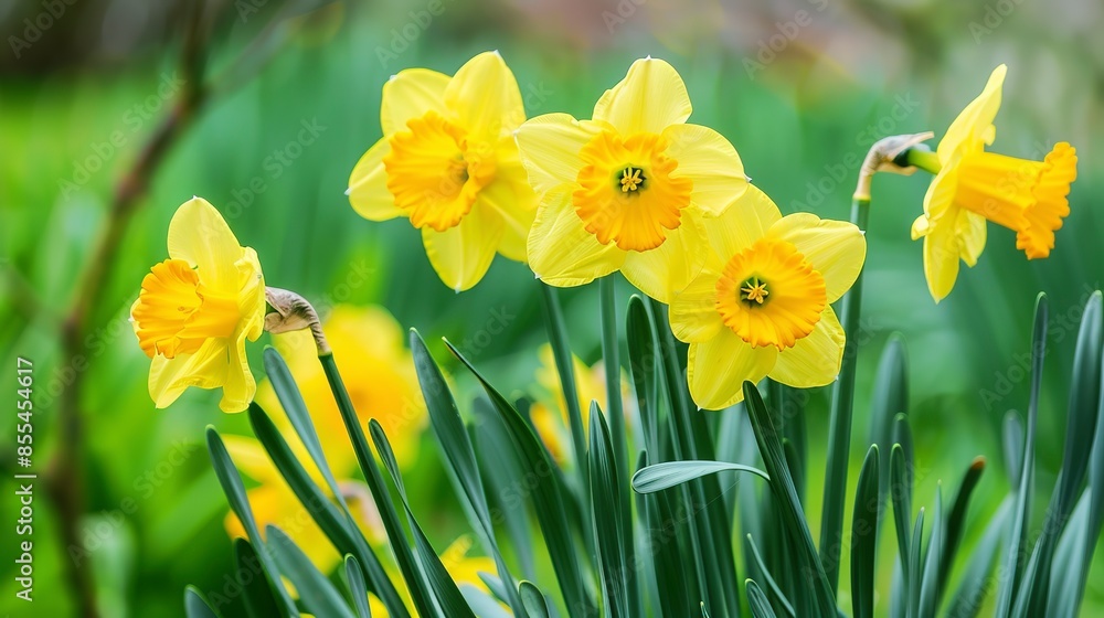 Fototapeta premium Spring daffodils in a botanical garden, close-up, bright yellows against lush green, morning light 