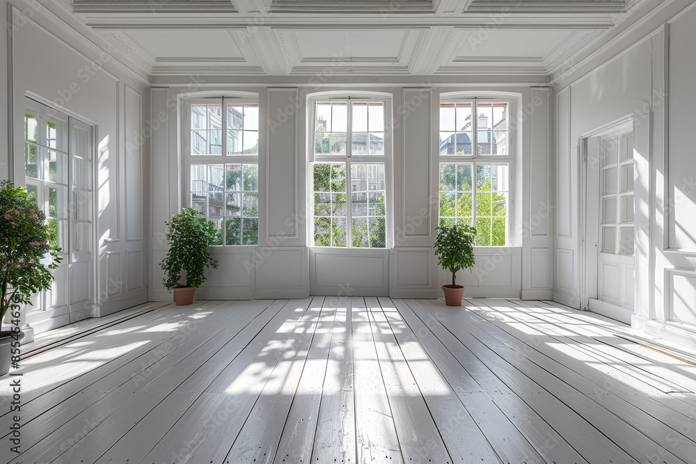 Fototapeta premium Bright white room with large windows and city view