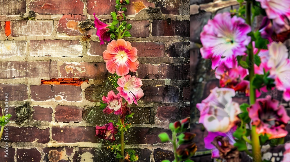 Naklejka premium Hollyhocks against an old brick wall, close-up, vibrant colors, detailed textures, gentle light 