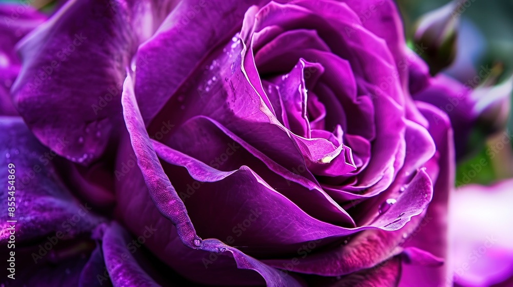 Purple rose close-up, detailed velvety texture, vibrant hues, blurred garden setting Purple rose close-up, detailed velvety texture, vibrant hues, blurred garden setting