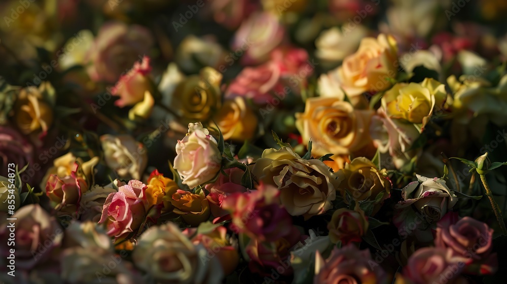 Obraz premium Cluster of miniature roses, close-up, mixed colors, detailed focus, gentle morning light