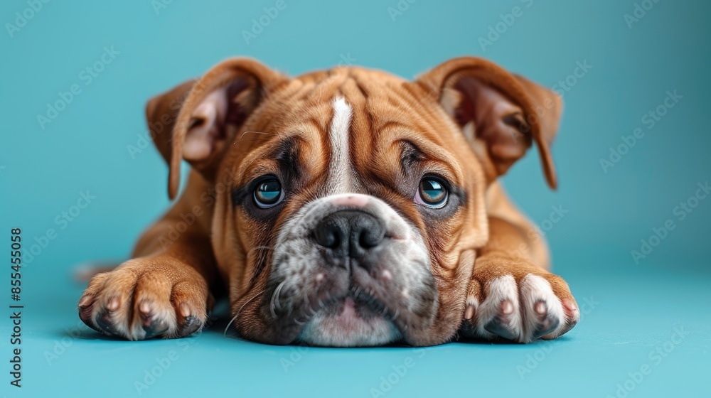 English bulldog puppy lying down on a blue background, studio shot. Adorable and playful pet concept English bulldog puppy lying down on a blue background, studio shot. Adorable and playful pet concept