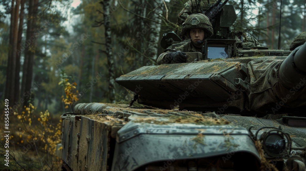 A close-up of an Military tank M1 Abrams crew emerging from a forest clearing The soldiers faces are camouflaged, their eyes scanning the surrounding treeline for potential threats A close-up of an Military tank M1 Abrams crew emerging from a forest clearing The soldiers faces are camouflaged, their eyes scanning the surrounding treeline for potential threats
