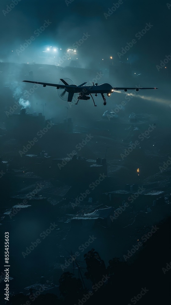 A drone silently observing an enemy encampment from a high altitude shrouded in darkness A drone silently observing an enemy encampment from a high altitude shrouded in darkness