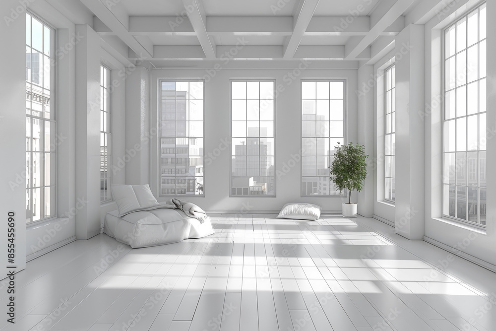 Fototapeta premium Bright white room with large windows and city view