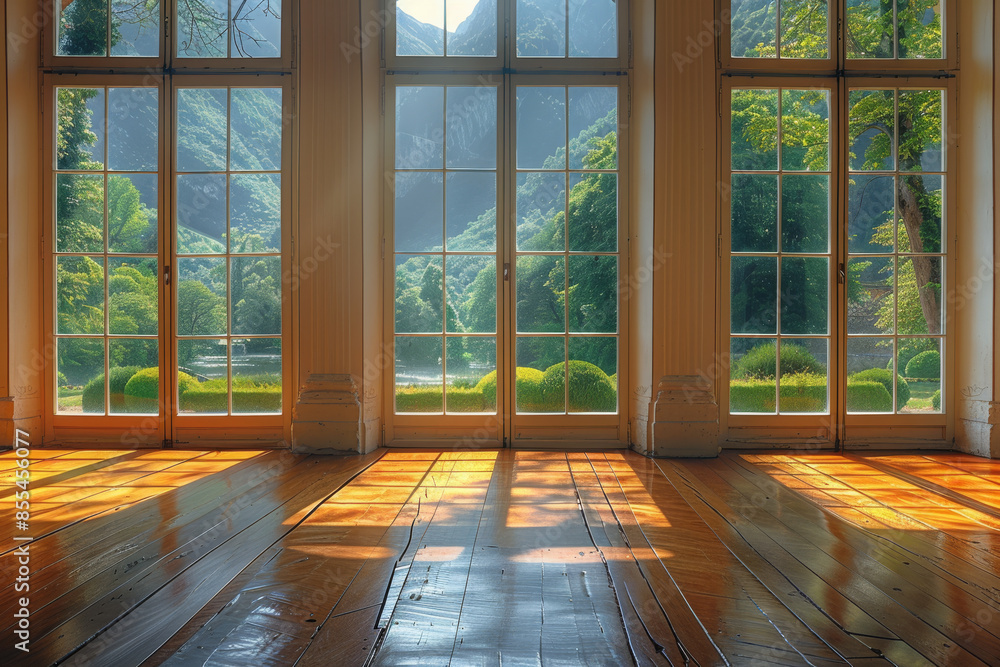 Fototapeta premium Large room with big windows and wooden flooring