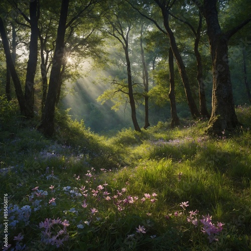 Secret Meadow: Picture a hidden meadow in a forest, where rare and exotic flowers bloom under a canopy of ancient trees, creating a mystical aura on Flower Day.