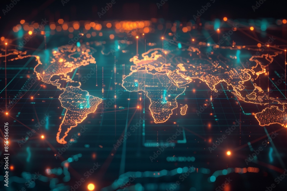 A global map with pulsating beams of light representing major data arteries, converging on cloud hubs A global map with pulsating beams of light representing major data arteries, converging on cloud hubs