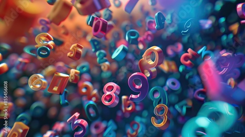3d many colorful numbers illustration flying