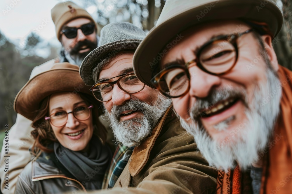 Three senior friends in hat and glasses having fun together in the park. Three senior friends in hat and glasses having fun together in the park.