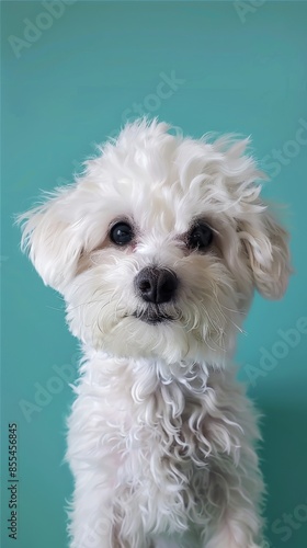 White fluffy dog with blue background, close-up studio shot. Cute pet portrait concept