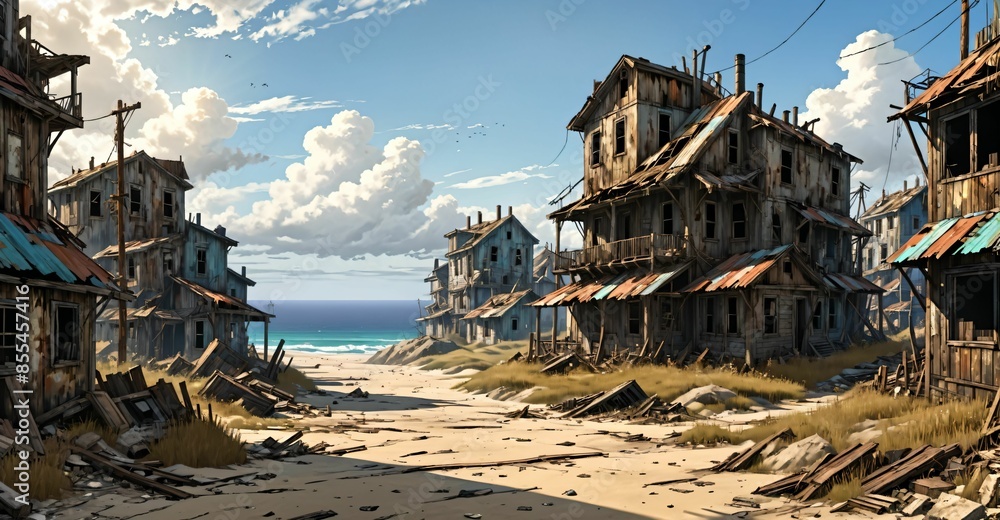 abandoned buildings on beach ocean coast in summer. old town wood house cabin by sea and water waves. abandoned buildings on beach ocean coast in summer. old town wood house cabin by sea and water waves.