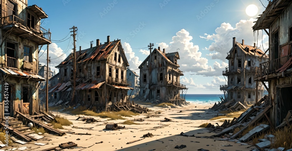 abandoned buildings on beach ocean coast in summer. old town wood house cabin by sea and water waves. abandoned buildings on beach ocean coast in summer. old town wood house cabin by sea and water waves.