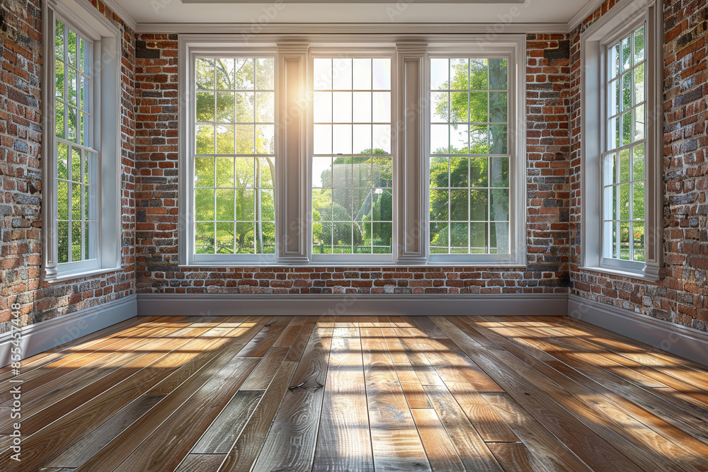 Fototapeta premium Large room with big windows and wooden flooring