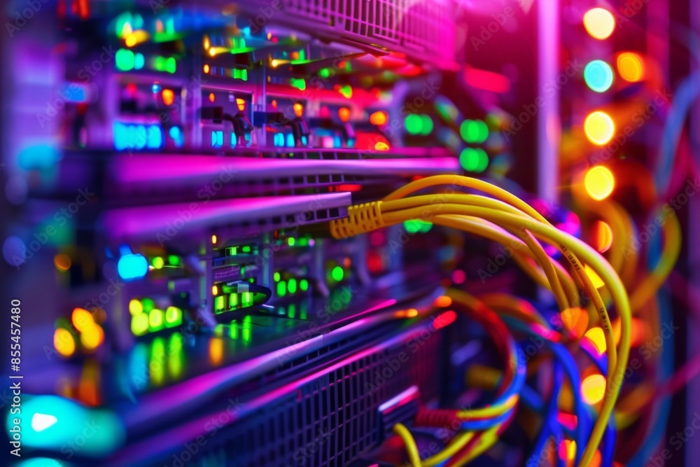 Close-up view inside a server rack, a tangle of colorful cables and blinking lights, focus on a single hard drive Close-up view inside a server rack, a tangle of colorful cables and blinking lights, focus on a single hard drive