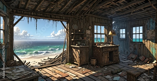 abandoned shack hut interior on beach ocean coast in summer. old wood house cabin by sea and water waves. © Shane Sparrow
