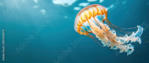 A striped jellyfish with long, flowing tentacles swims gracefully in clear blue water