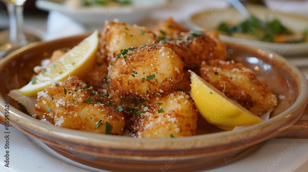 Golden Filetti Di Baccala fried to perfection and served with lemon wedges
