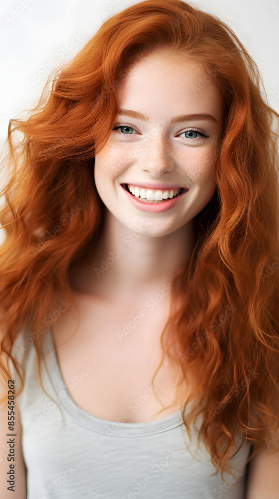 Fototapeta premium closeup portrait of amazing young red hair woman attractive appearance isolated over colorful background