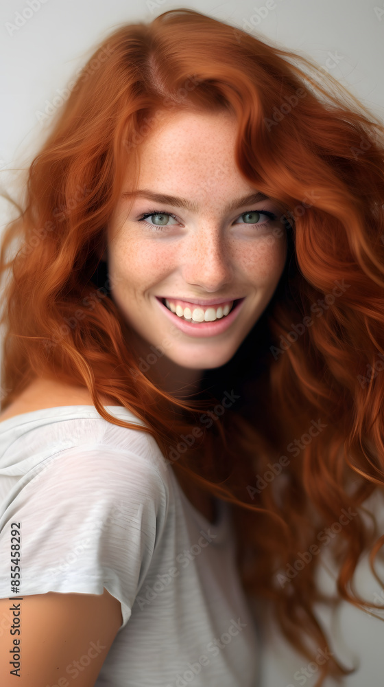 Fototapeta premium closeup portrait of amazing young red hair woman attractive appearance isolated over colorful background