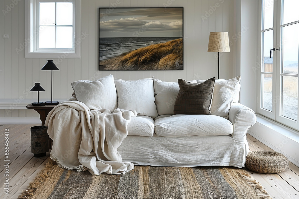 Fototapeta premium White Living Room with Sofa and Plants