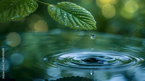 A single, delicate water droplet falling into the serene waters of a tranquil pond, creating ripples that radiate outwards. Green leaf, calm water, nature photo background