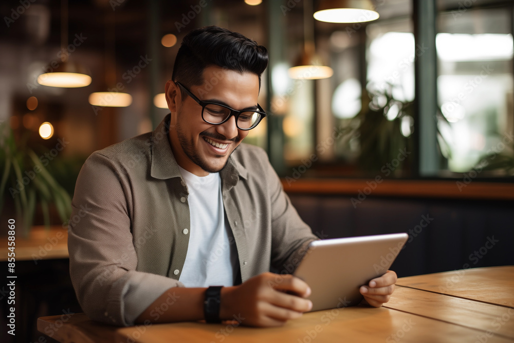 Hispanic businessman with thick black glasses working on a tablet in a cafe Hispanic businessman with thick black glasses working on a tablet in a cafe