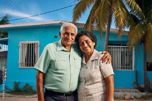 Older hispanic couple smiling in front of their house with a palm tree