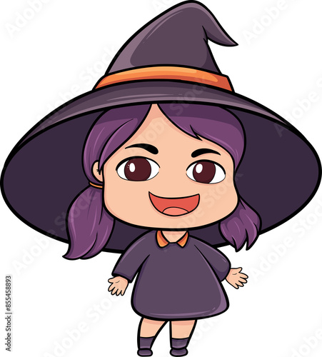cartoon girl with purple hair and a purple dress is wearing a witch hat