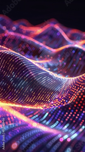 Abstract digital wave of particles with vibrant neon colors and bokeh effects