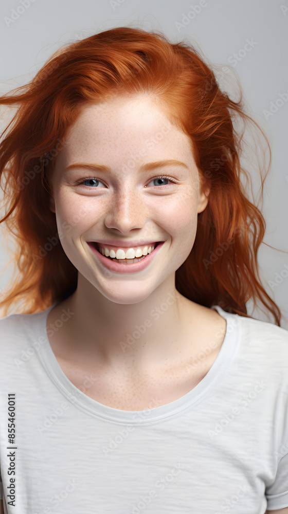  closeup portrait of amazing young red hair woman attractive appearance isolated over colorful background