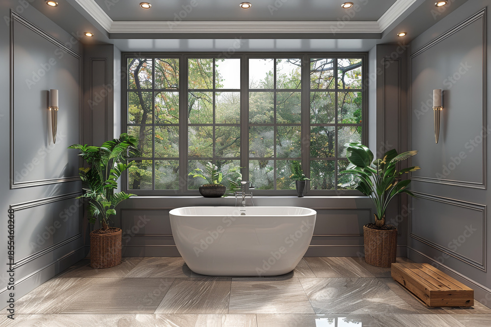Fototapeta premium Modern Gray Bathroom with Bathtub