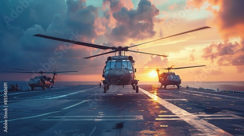 Helicopters landing on a sea platform military base focus on  Aerial operations  vibrant  Composite  Helipad
