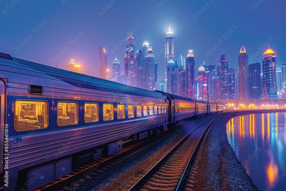 Fototapeta premium Illuminated train traveling beside water with the glowing skyscrapers of Dubai in the background, highlighting urban night scenery.