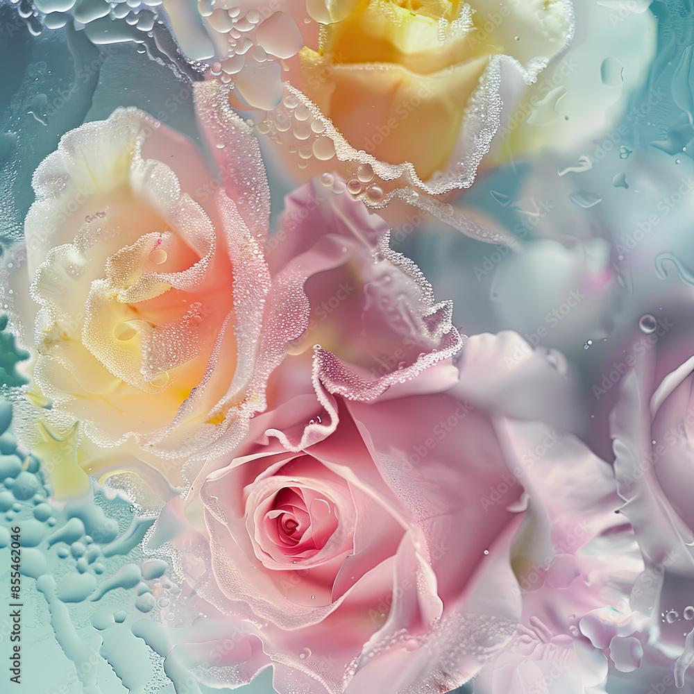 Fototapeta premium Romantic roses through frosted glass, vibrant soft colors, intricate design, bright lighting.