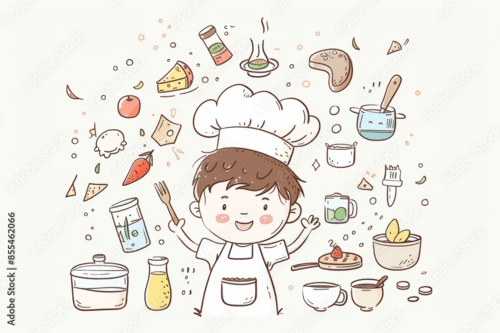 Cartoon cute doodles of a young chef experimenting with different ingredients and learning new recipes, Generative AI Cartoon cute doodles of a young chef experimenting with different ingredients and learning new recipes, Generative AI