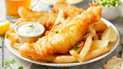 A plate of crispy fish and chips with golden battered fish fillets and thick-cut fries, served with a side of tartar sauce and lemon wedges