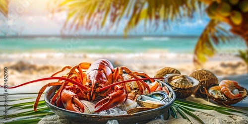 Seafood on the beach. There are fresh seafood dishes, including lobsters and various types of shellfish, with coconut leaves in the background photo