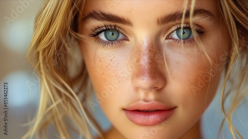 A beautiful blonde woman with freckles and blue eyes.