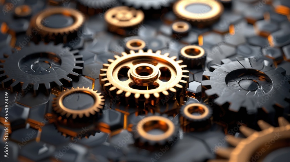 A close up of many gears, some of which are gold A close up of many gears, some of which are gold